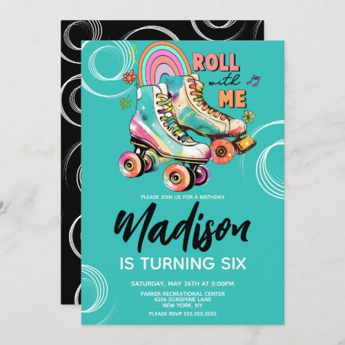 Roller Skates Rainbow Birthday Party Invitation