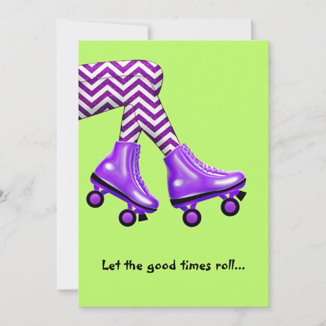 Roller skates with purple socks birthday note card (Front)