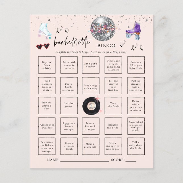 Roller Skating Bachelorette Bingo Party Game Card (Front)