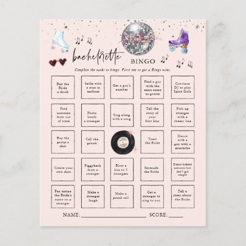 Roller Skating Bachelorette Bingo Party Game Card