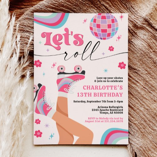 Roller Skating Birthday Invitation Groovy Rainbow 