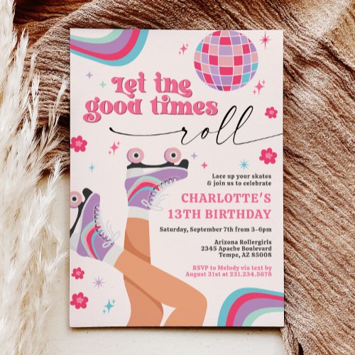 Roller Skating Birthday Invitation Retro Rainbow 