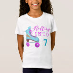 Roller Skating Birthday Party | Any Age T-Shirt<br><div class="desc">Fun birthday party T shirt for a roller skating theme party with a vintage vibe. There is a hand drawn illustration of a roller skate in pink and blue colors with a faux gold glitter thunder lightening shape printed on it. The text says "Rolling Into." Customize this product by adding...</div>