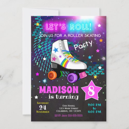 Roller Skating Birthday Party Invitation  Neon