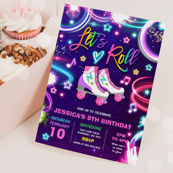 Roller Skating Birthday Party Neon Glow Skating Invitation by PixelPerfectionParty at Zazzle