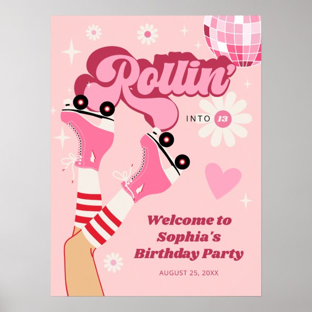 Roller Skating Birthday Party Poster Sign (Front)