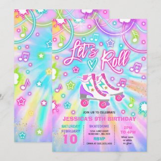 Roller Skating Birthday Party Tie Dye Glow Skating Invitation