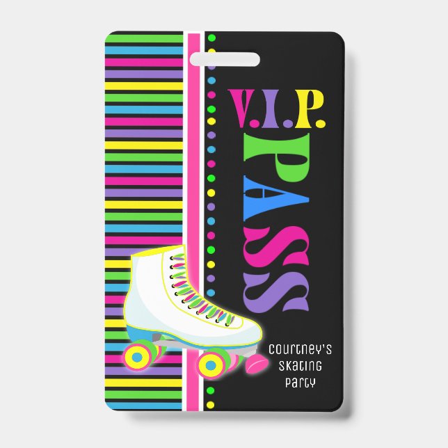 Roller Skating Birthday Party VIP Pass Glow Party Badge (Front)
