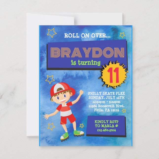 Roller Skating Boy Blue Birthday Party Invitation (Front)