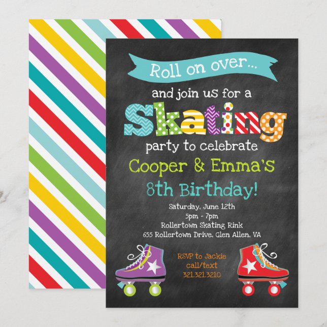 Roller Skating Boy Girl Birthday Party Invitation (Front/Back)