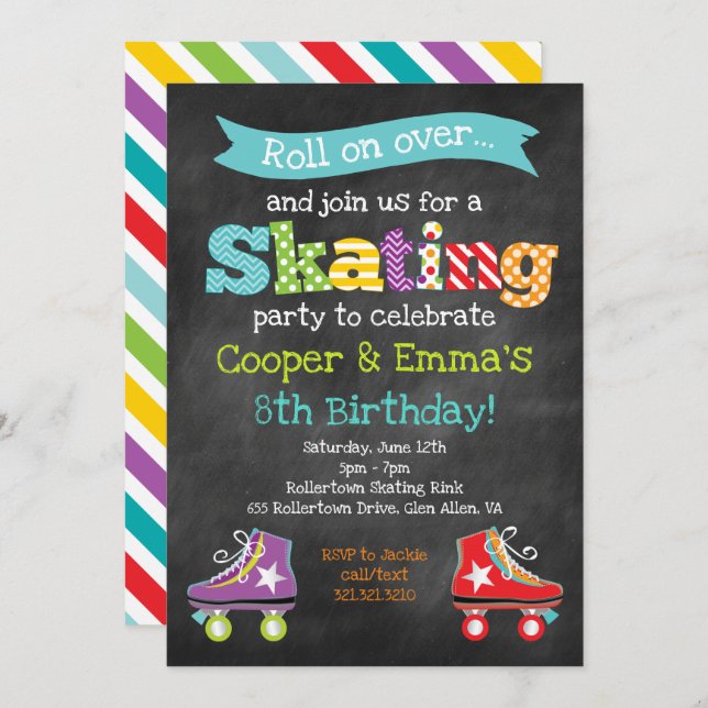 Roller Skating Boy Girl Birthday Party Invitation (Front/Back)