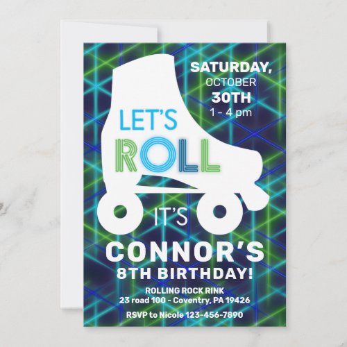 Roller Skating Boys Glow Neon Birthday Party Invitation