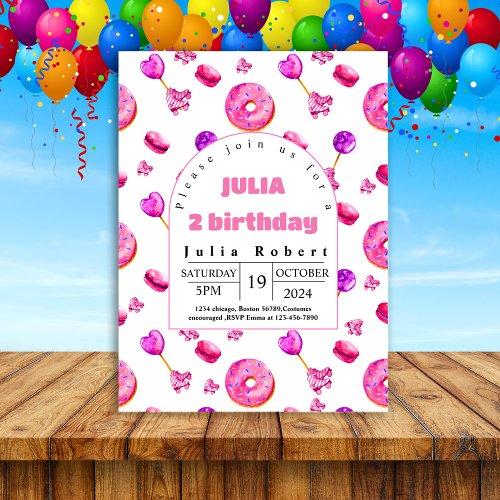 Roller Skating dessert donuts Birthday pink purple Invitation