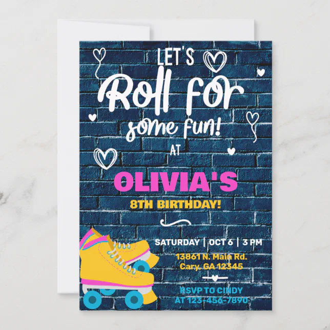 Roller Skating Girl Birthday Invite, Skates. Invitation 