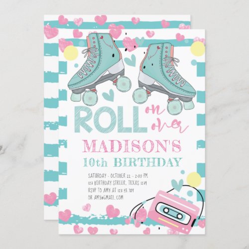 Roller Skating Girl Birthday Pastel Blue Pink  Invitation