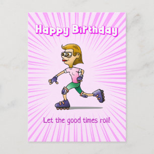 Roller Skating Girl Pink Birthday Postcard