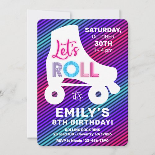 Roller Skating Girls Rainbow Neon Birthday Party  Invitation