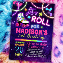 Roller Skating Girls Rainbow Neon Birthday Party Invitation