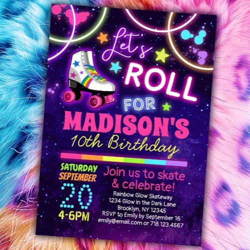 Roller Skating Girls Rainbow Neon Birthday Party Invitation
