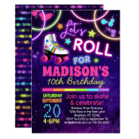 Roller Skating Girls Rainbow Neon Birthday Party Invitation