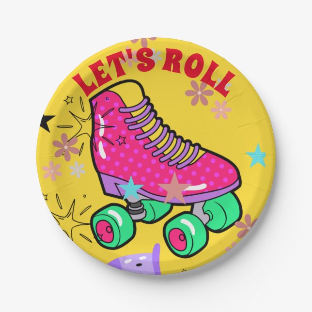 Roller Skating Girls Rainbow Neon Birthday Party Paper Plates (Front)