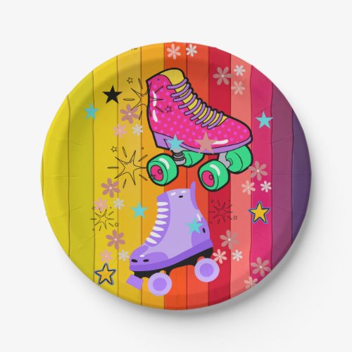 Roller Skating Girls Rainbow Neon Birthday Party Paper Plates