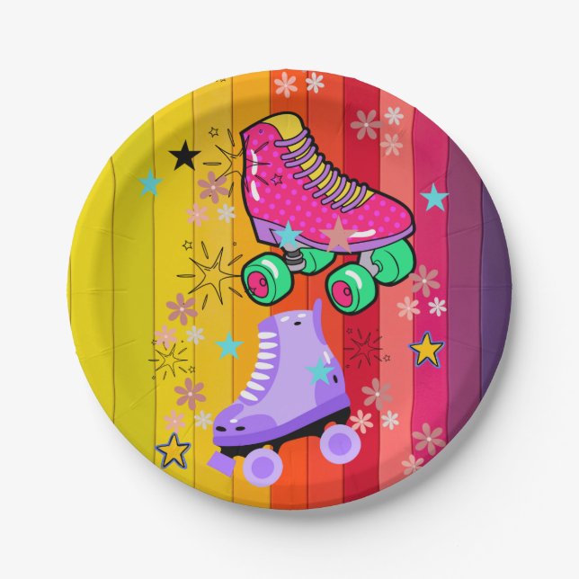 Roller Skating Girls Rainbow Neon Birthday Party Paper Plates (Front)