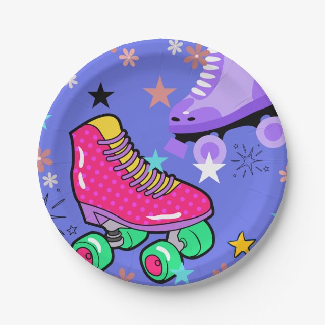 Roller Skating Girls Rainbow Neon Birthday Party Paper Plates (Front)