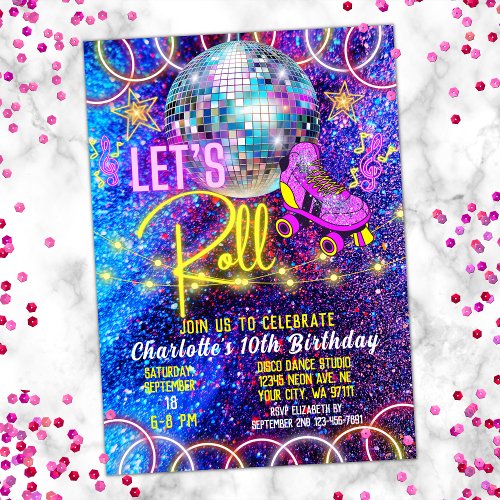Roller Skating Lets Roll Disco Neon Pink Glow Invitation