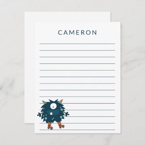 Roller Skating Monster Personalized Kids Lined Note Card