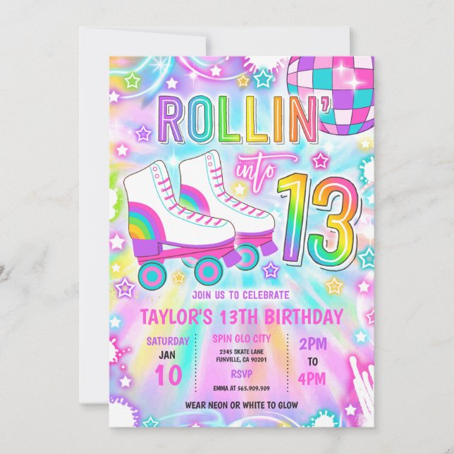 Roller Skating Neon Glow 13th Birthday Party Invitation (Front)