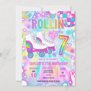 Roller Skating Neon Glow 7th Birthday Party Invitation