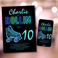 Roller Skating Party Boys Neon Glow Birthday Invitation