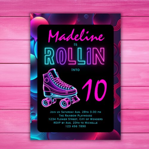 Roller Skating Party Girls Neon Glow Birthday Invitation