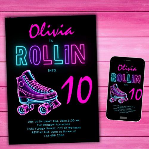 Roller Skating Party Girls Neon Glow Birthday Invitation