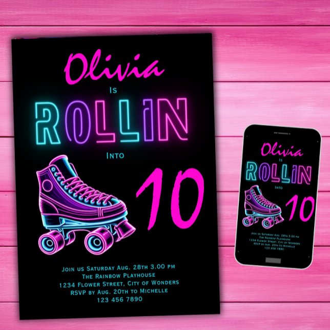 Roller Skating Party Girls Neon Glow Birthday Invitation (Creator Uploaded)