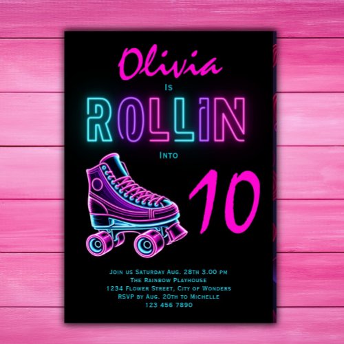 Roller Skating Party Girls Neon Glow Birthday Invitation