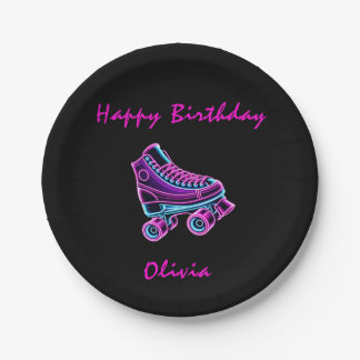 Roller Skating Party Girls Neon Glow Birthday Paper Plates