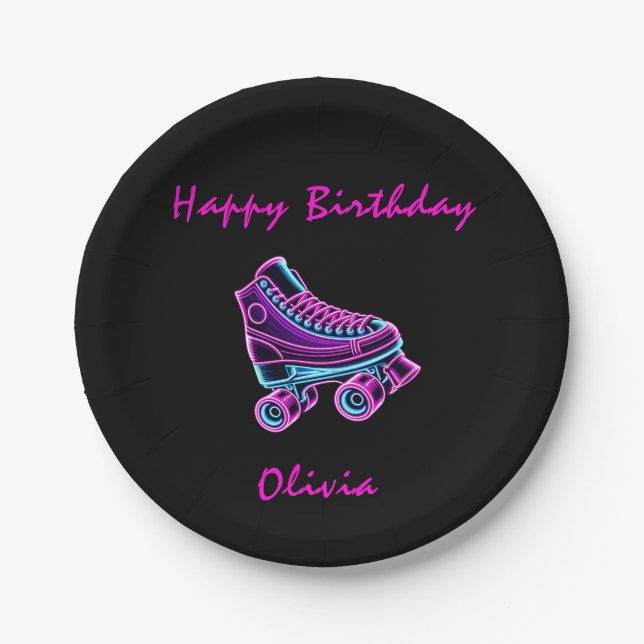 Roller Skating Party Girls Neon Glow Birthday Paper Plates (Front)