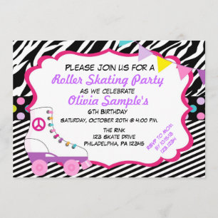Roller Skating Party Zebra Birthday Invitation