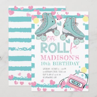Roller Skating Pastel Blue Pink Girl Birthday Invitation