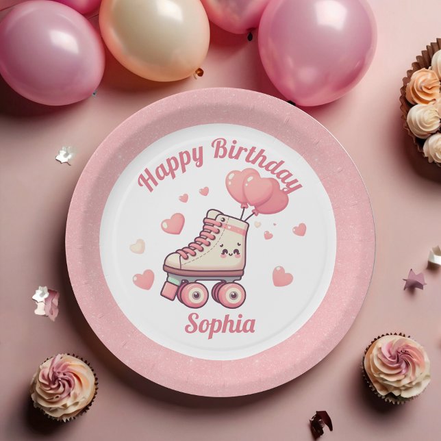 Roller Skating Pink Glitter Girl's Birthday Party Paper Plates (Creator Uploaded)