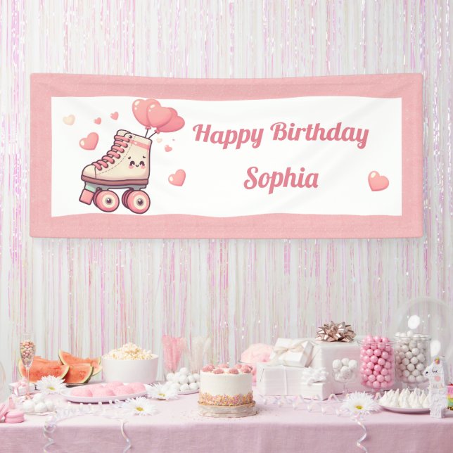 Roller Skating Pink Heart Girl's Birthday Party Banner (Party)