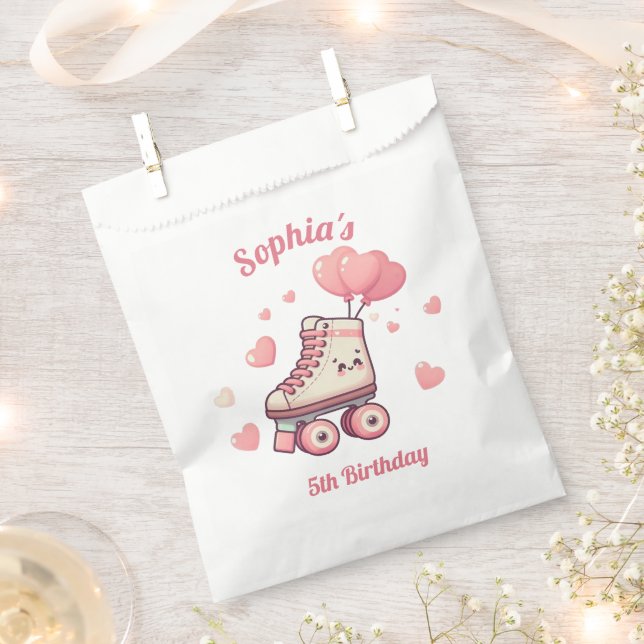 Roller Skating Pink Hearts Girl's Birthday Favor Bag (Clipped)