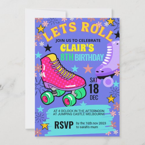 Roller Skating Rainbow Neon Girls Birthday Party Invitation
