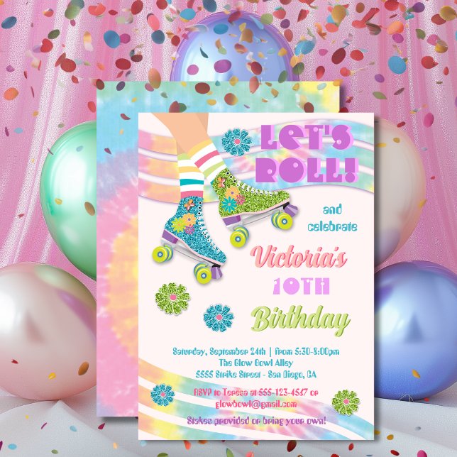 Roller Skating Retro Glitter Hippie Birthday Invitation (Creator Uploaded)