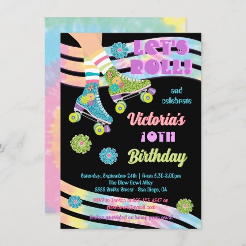Roller Skating Retro Glitter Hippie Birthday Invitation