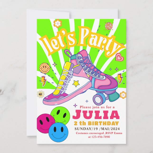 Roller Skating Sneaker Birthday COLORFUL  Retro Invitation (Front)
