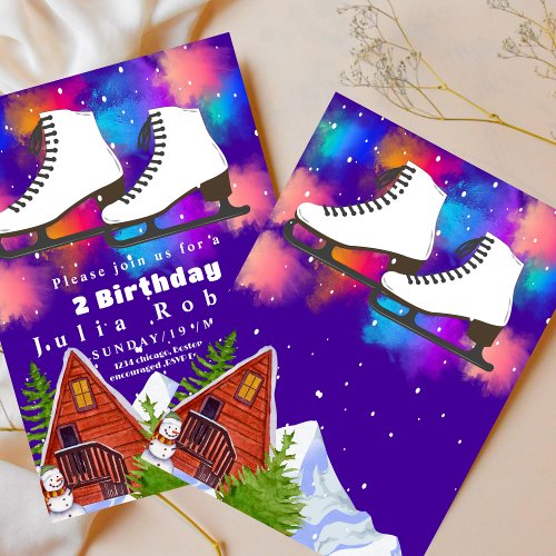 Roller Skating snow winter watercolor Birthday  Invitation