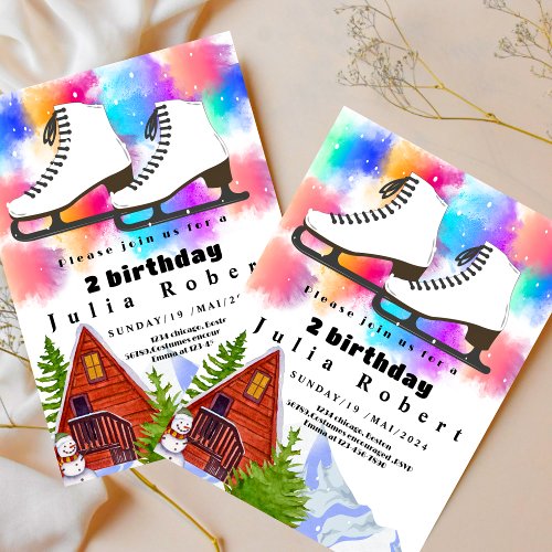 Roller Skating snow winter watercolor Birthday  Invitation